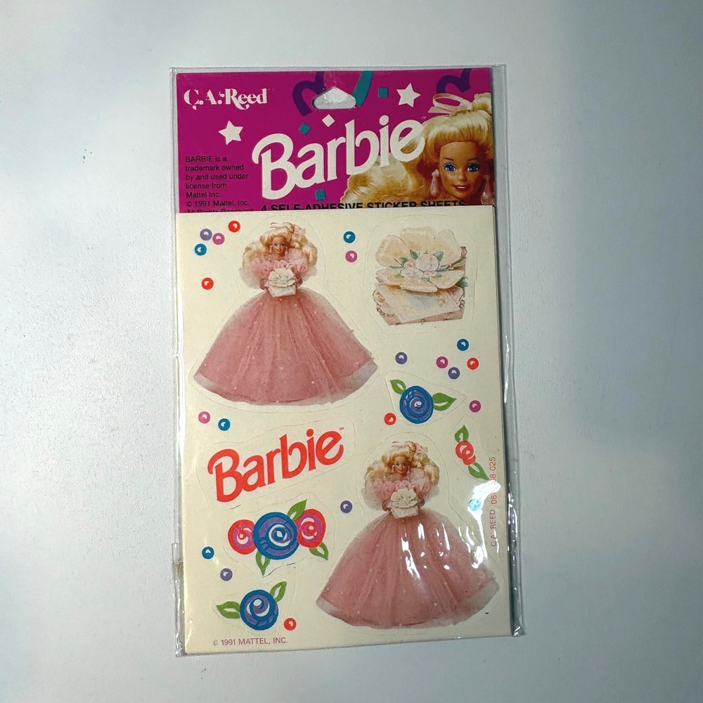 Vintage 1991 Barbie Stickers 4 Sheets C.A. Reed Pink Ballgown Mattel Sealed